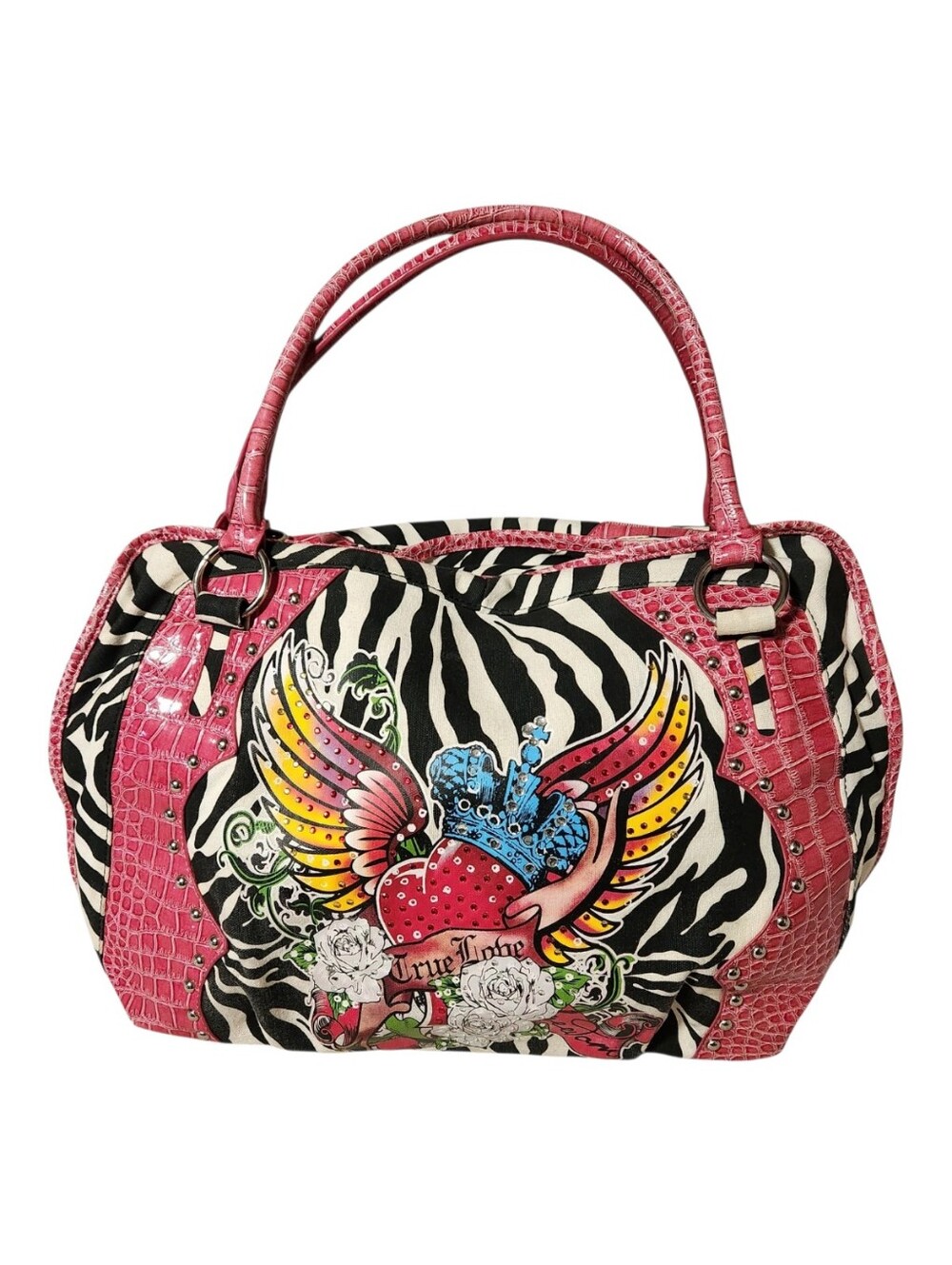 Y2K Zebra Print Satchel Bag Tattoo Heart Crown Pink Croc Trim Rhinestone Studded - Picture 1 of 12
